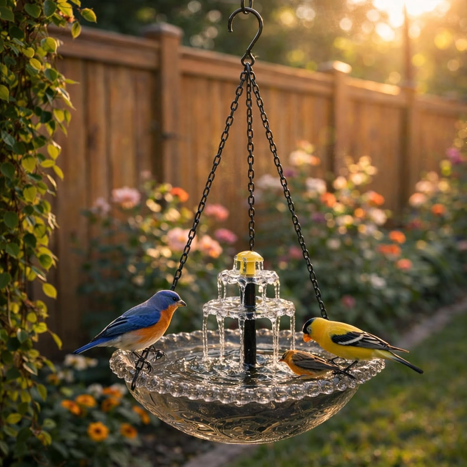 2026 New Solar Cascade Hanging Bird Bath Fountain, Outdoor Hanging Bird Bath, Large Humming Birds Baths Fountains, with Solars Pump & Acrylic Bowl, for Outdoor & Gardens