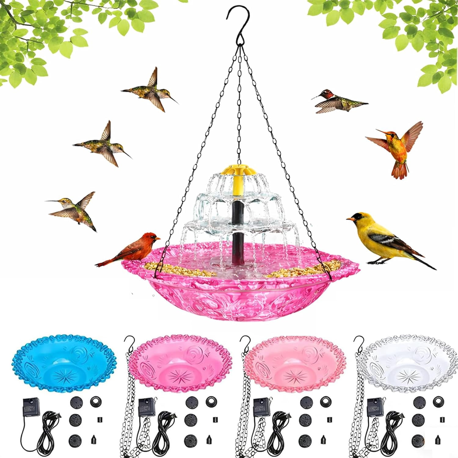 2026 New Solar Cascade Hanging Bird Bath Fountain, Outdoor Hanging Bird Bath with Solar Fountain, Large Humming Birds Baths Fountains, with Solars Pump & Acrylic Bowl, for Outdoor, Gardens