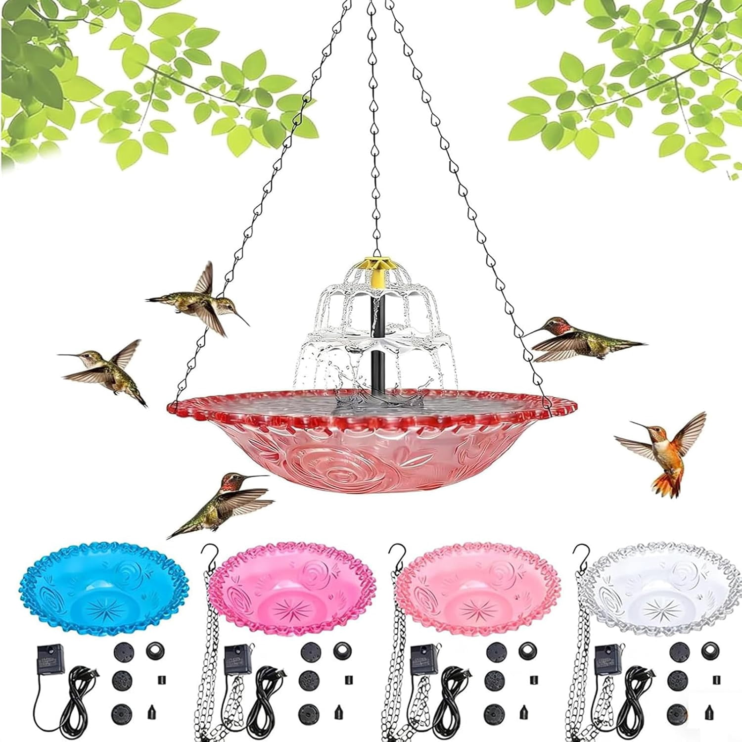 2026 New Solar Cascade Hanging Bird Bath Fountain, Outdoor Hanging Bird Bath with Solar Fountain, Large Humming Birds Baths Fountains, with Solars Pump & Acrylic Bowl, for Outdoor, Gardens