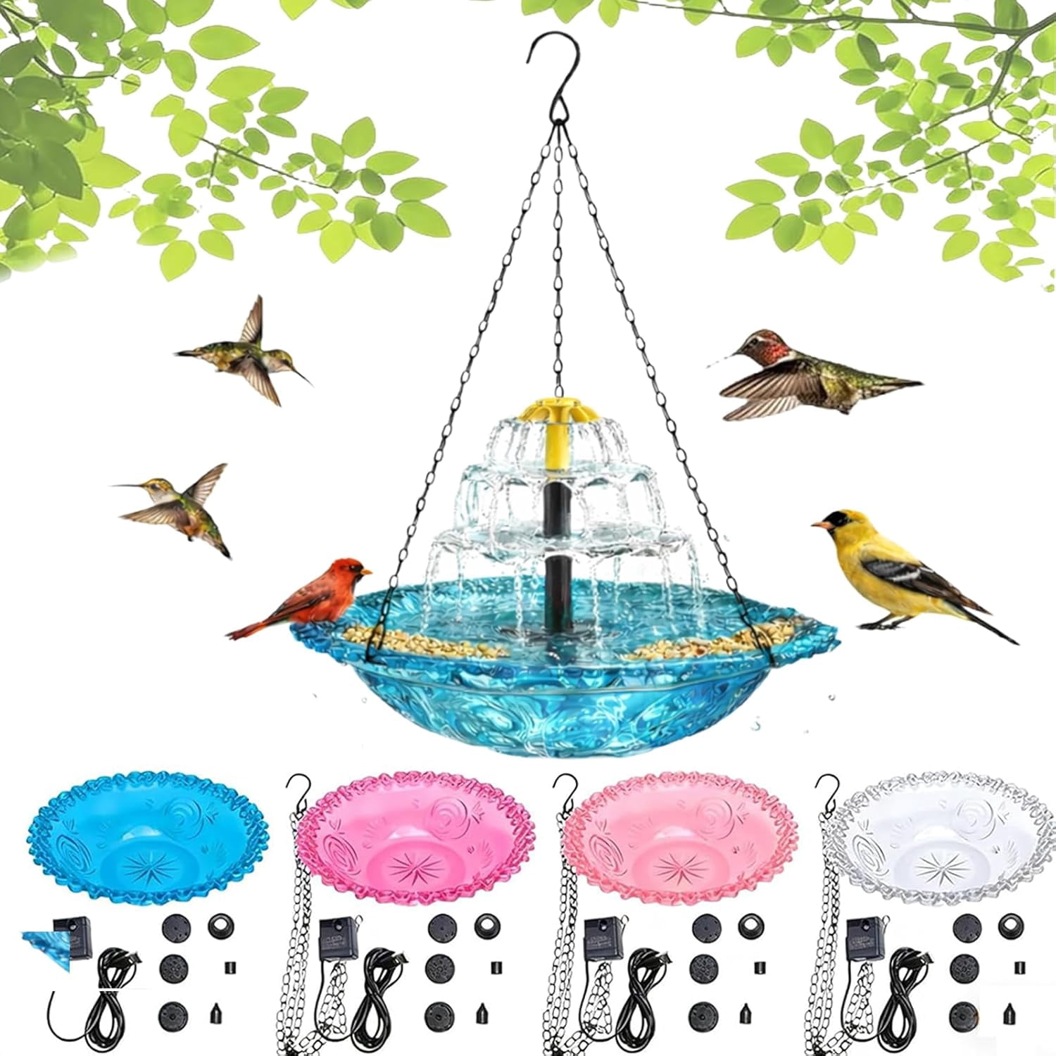 2026 New Solar Cascade Hanging Bird Bath Fountain, Outdoor Hanging Bird Bath with Solar Fountain, Large Humming Birds Baths Fountains, with Solars Pump & Acrylic Bowl, for Outdoor, Gardens