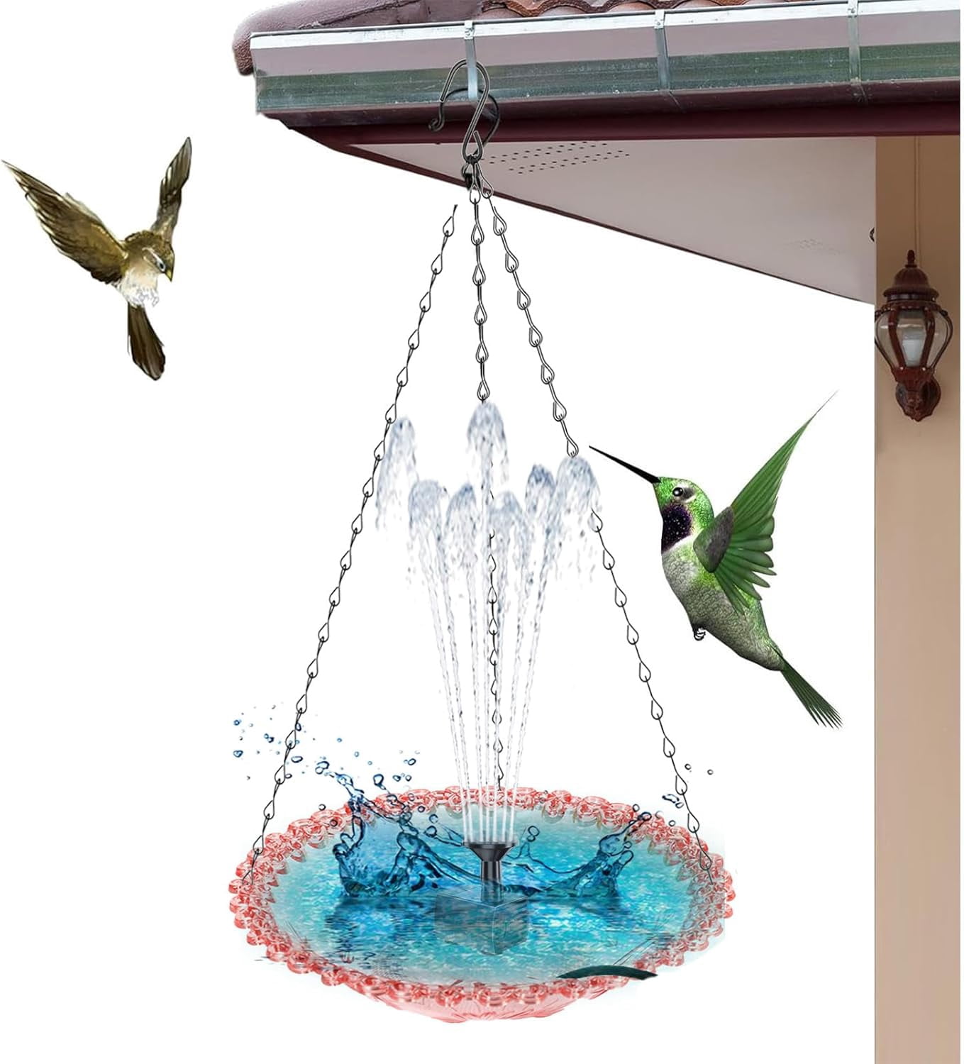 2026 New Solar Cascade Hanging Bird Bath Fountain, Outdoor Hanging Birdbath with Solar Fountain, Metal Solar Powered Birdbath with Water Pump for Outdoor Garden Decor (Pink)