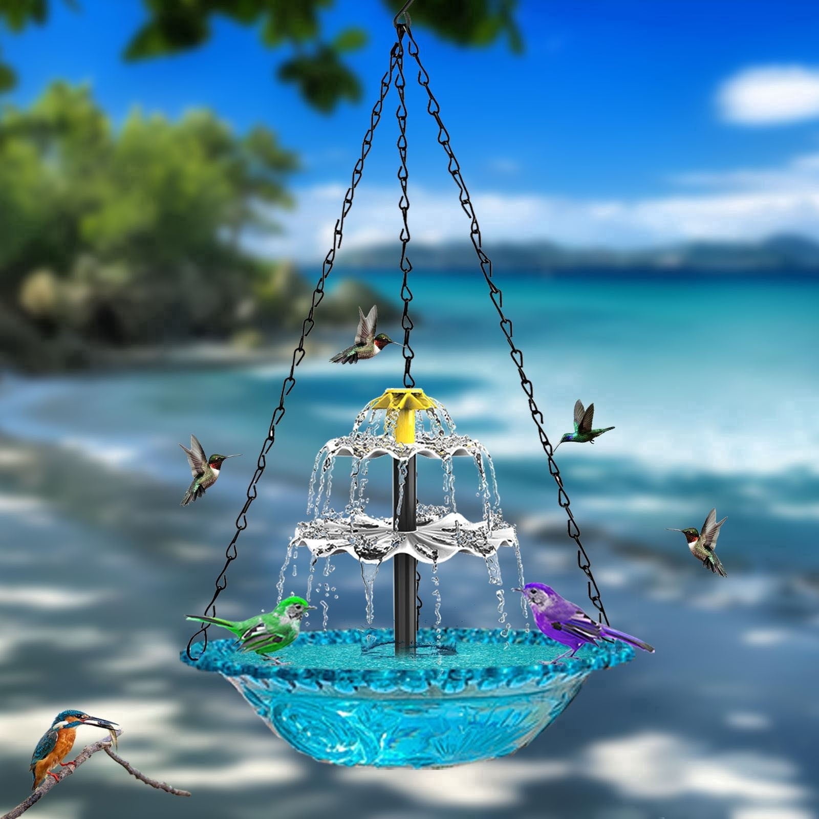 2026 New Solar Cascade Hanging Bird Bath Fountain, Solar Bird Bath Fountains, Hummingbird Water Fountain with Solars Pump & Glass Bowl for Garden Yard Patio Backyard Decoration