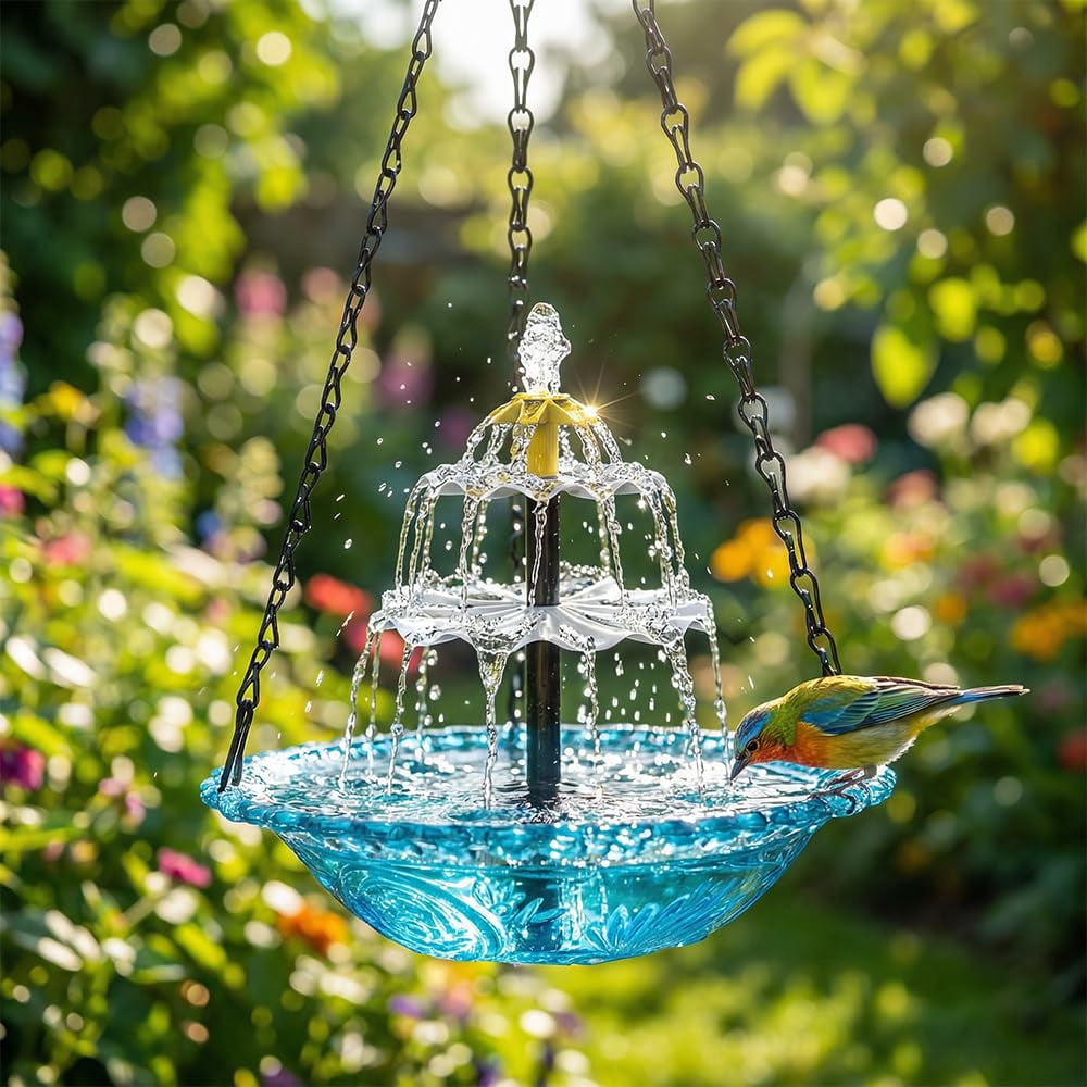 2026 New Solar Cascade Hanging Bird Bath Fountain, Weatherproof & Easy to Maintain, Hanging Bird Bath with Solar Pump for Outdoor Garden Decor, Large Humming Birds Bath Fountain