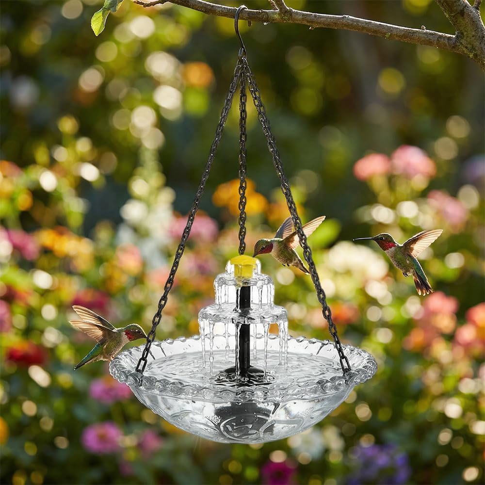 2026 New Solar Cascade Hanging Bird Bath Fountain, Weatherproof & Easy to Maintain, Hanging Bird Bath with Solar Pump for Outdoor Garden Decor, Large Humming Birds Bath Fountain