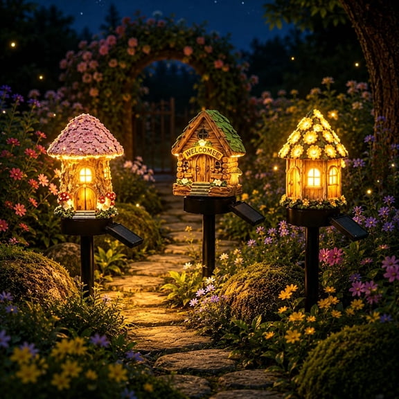 2026 New Solar Fairy-Tale Mushroom Cottage Garden Light, Waterproof LED Outdoor Mushroom House Statue Decor Lamp, Auto On/Off Landscape Pathway Light for Yard Patio Lawn Flower Bed