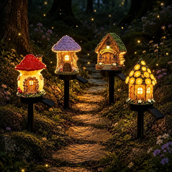 2026 New Solar Fairy-Tale Mushroom Cottage Garden Light, Waterproof LED Outdoor Mushroom House Statue Decor Lamp, Auto On/Off Landscape Pathway Light for Yard Patio Lawn Flower Bed