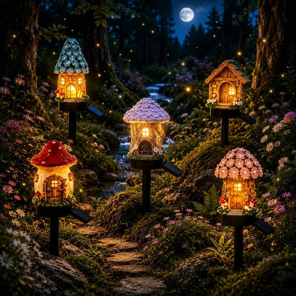 2026 New Solar Fairy-Tale Mushroom Cottage Garden Light, Waterproof LED Outdoor Mushroom House Statue Decor Lamp, Auto On/Off Landscape Pathway Light for Yard Patio Lawn Flower Bed