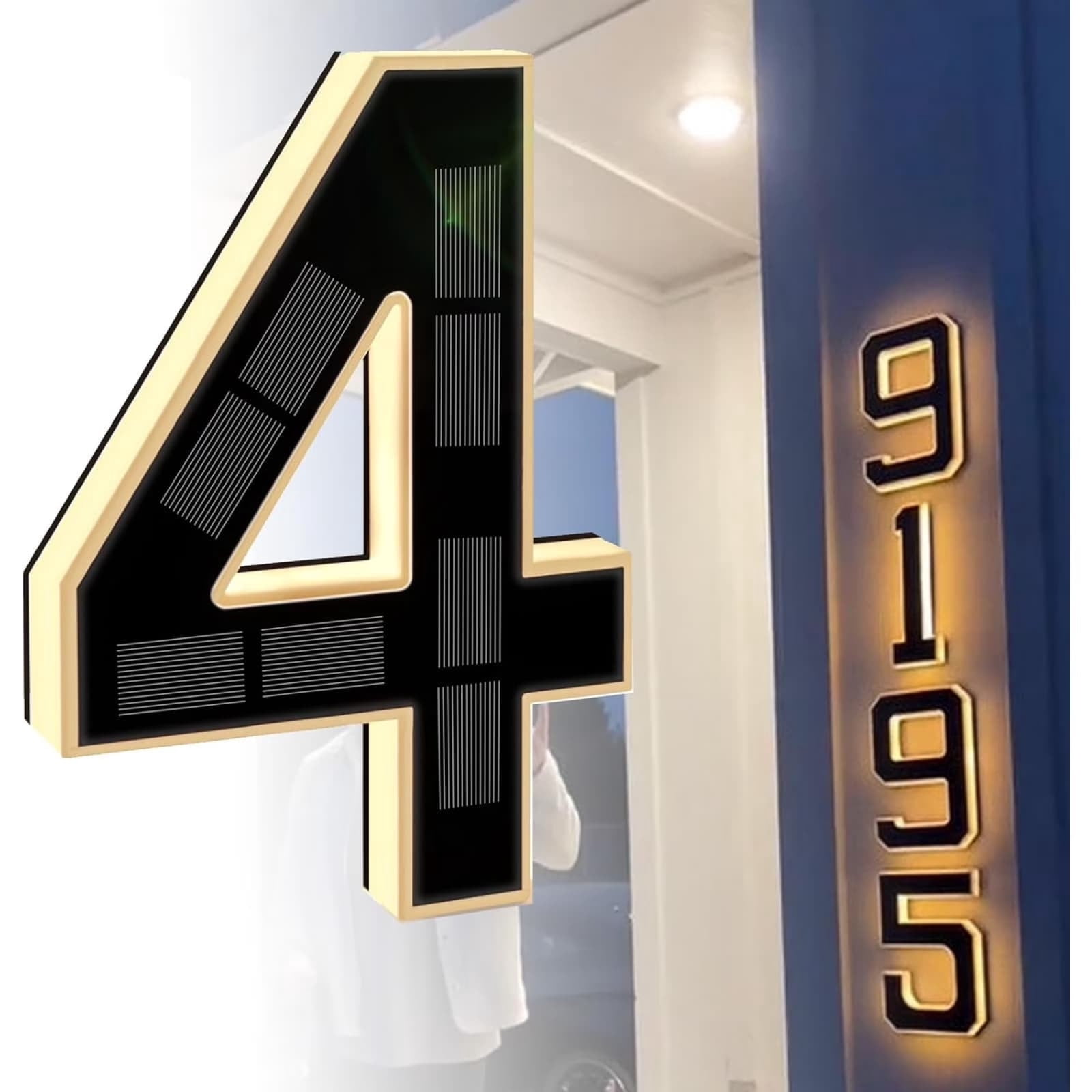 2026 New Solar House Numbers for Outside, 9" Light Up Address Numbers for House, No Drill Adhesive or Screw Mount, Waterproof LED Illuminated Modern Address Sign, Dusk to Dawn