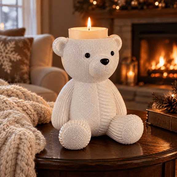 2026 New Sparkle Bear Christmas Candle Holder, New Polar Bear Candlestick, Shining Bear Shaped Candlestick, White Bear Candle Holder with Sparkling Holiday Bear Base, Glittery Winter Tabletop Decor