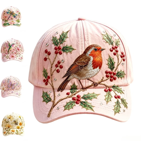 2026 New Sparrow Baseball Cap for Women/Men, Adjustable 22 to 23.6 Inch Embroidered Garden Morning Cap, Rhinestone Floral Pink Caps
