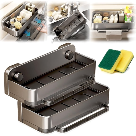 2026 New Sponge Holder for Kitchen Sink, Stainless Steel Adhesive Sink Caddy, Sponge Holder Organizer, Kitchen Sink Accessories, Compact Space Saving Sink Basket No Drilling Required (Gray-2pcs)