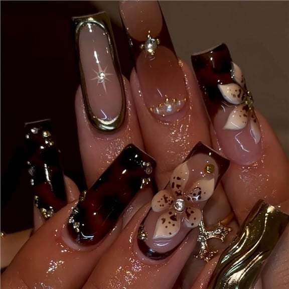 2026 New Square-Shaped False Nails, Fashionable Gold Water Ripple, Sweet Flower, Sparkling Cross, Wearable Nails for Women