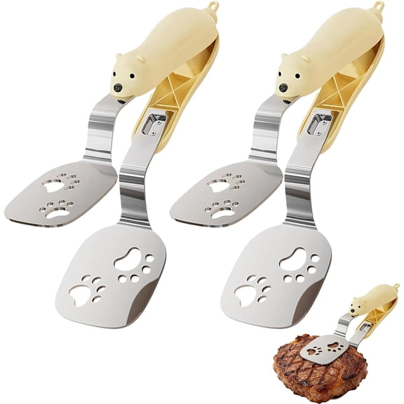 2026 New Stainless Steel Bear Pancake Griddle Clip, Double Spatula Flipper Stainless Steel Tongs Clamp, 2-in-1 Cute Bear Spatula Tongs with Locking Clip and Extended Handle(2pcs Yellow)