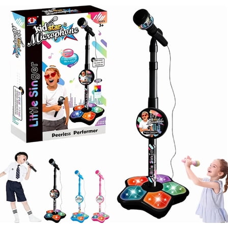 2026 New Star Microphone with Stand – Built-in Music, Flashing Stage Lights & Echo, Easy-to-Use Portable Karaoke Machine for Musical Entertainment Black