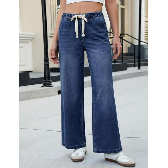 2026 New Straight-Leg Jeans for Women, Lace-Up Loose Comfortable Casual Elastic High-Waist Long Pants