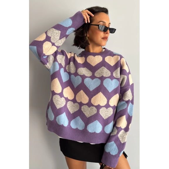 2026 New Style Loose Heart Jacquard Pullover Sweater for Women, Color Block Warm Round Neck Knitwear