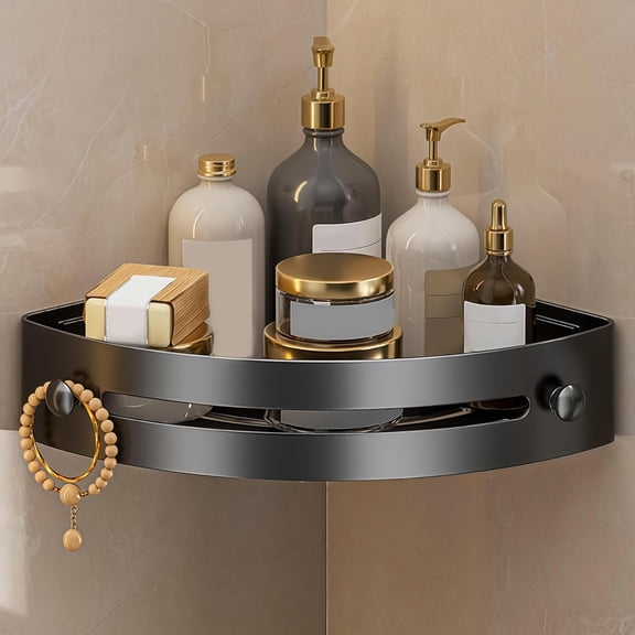 2026 New Suction Cup Corner Shower Shelf, No-Drill Bathroom Corner Shelf, Capable of Supporting 40 Pounds, Rustproof Shower Organizer Suction Cup with Towel Holder & Hooks (Black)