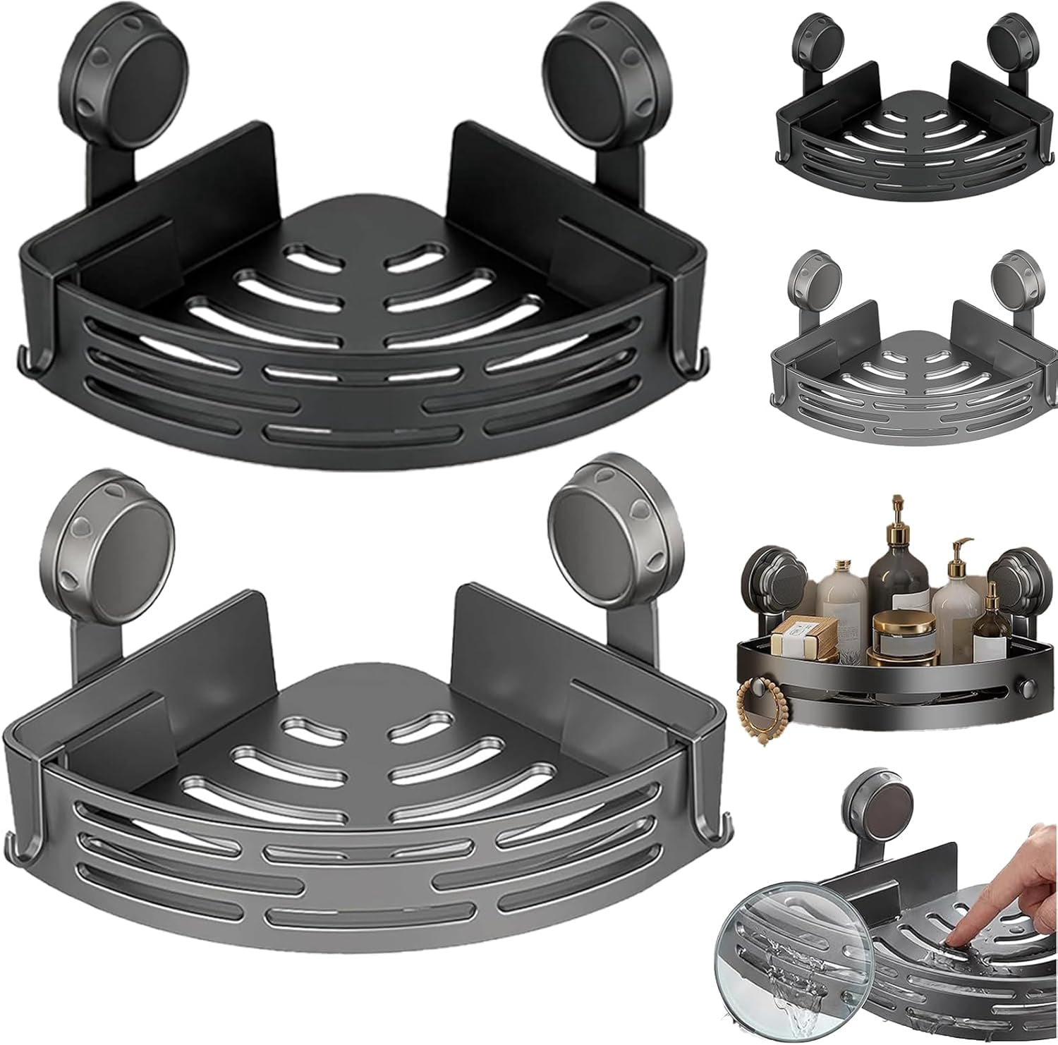 2026 New Suction Cup Corner Shower Shelf, No-Drill Bathroom Corner Shelf Strong, Waterproof Suction Cup, Bathroom Organizers and Storage Countertop for Bathroom Kitchen (Black+Grey)