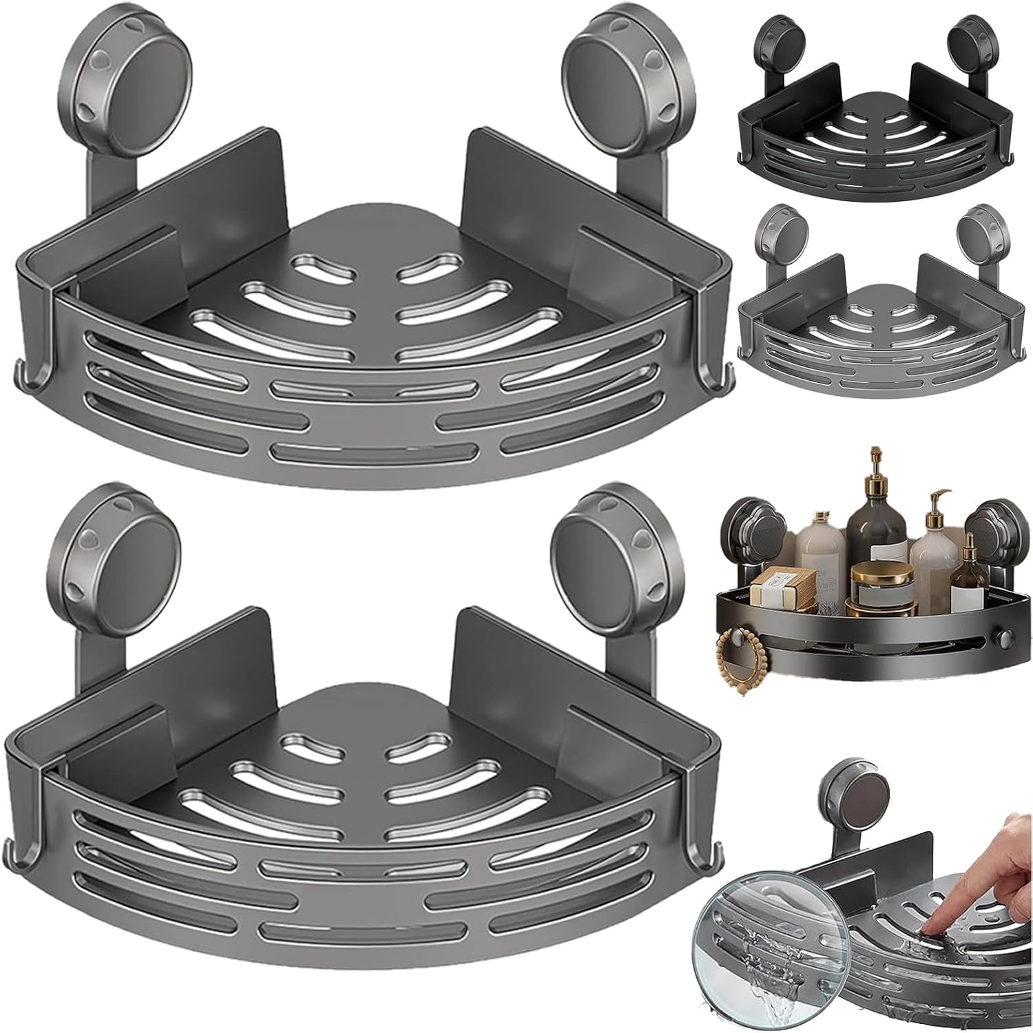 2026 New Suction Cup Corner Shower Shelf, No-Drill Bathroom Corner Shelf Strong, Waterproof Suction Cup, Bathroom Organizers and Storage Countertop for Bathroom Kitchen (Grey-2PCS)