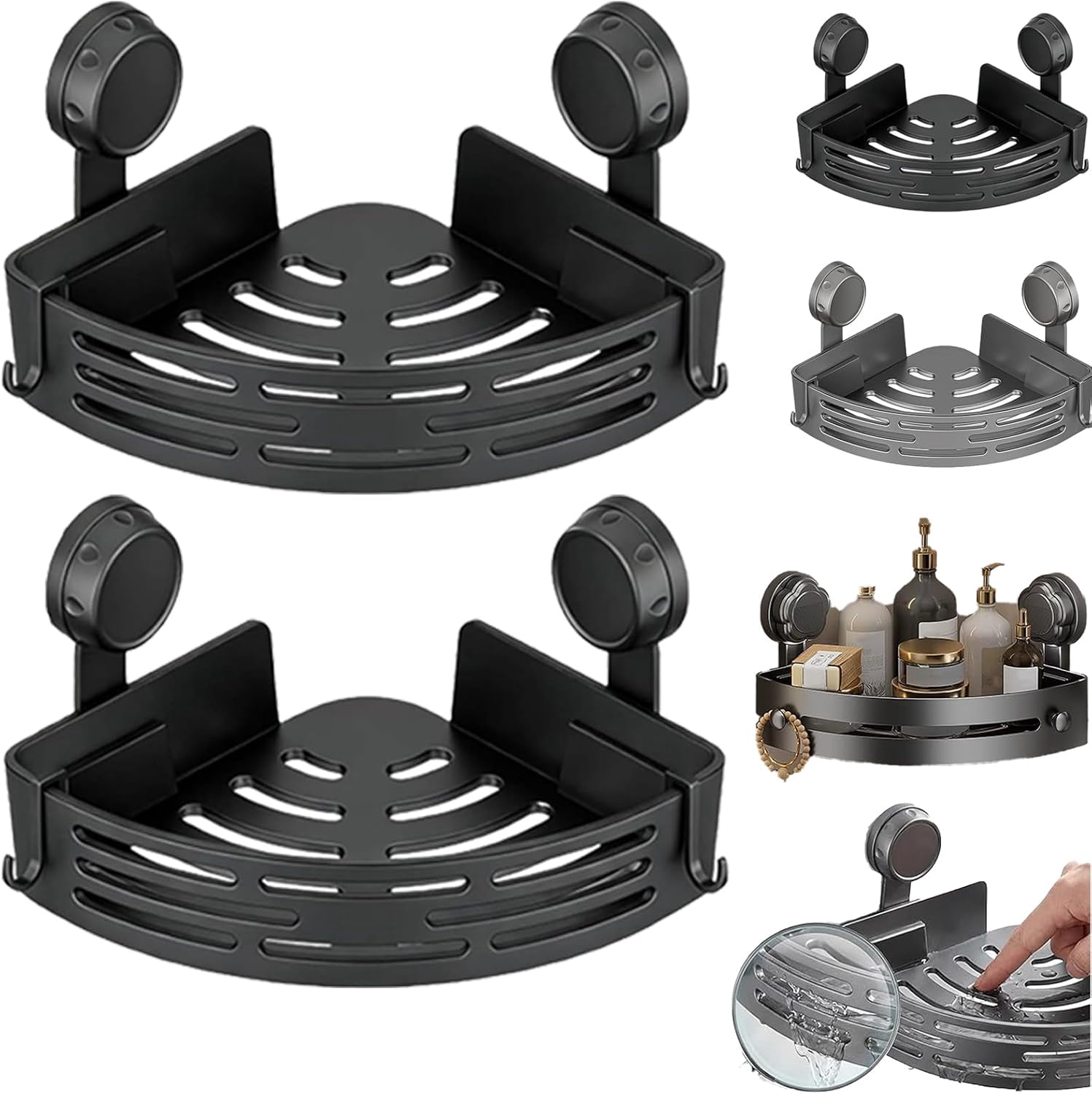 2026 New Suction Cup Corner Shower Shelf, No-Drill Bathroom Corner Shelf Strong, Waterproof Suction Cup, Bathroom Organizers and Storage Countertop for Bathroom Kitchen (Black-2PCS)