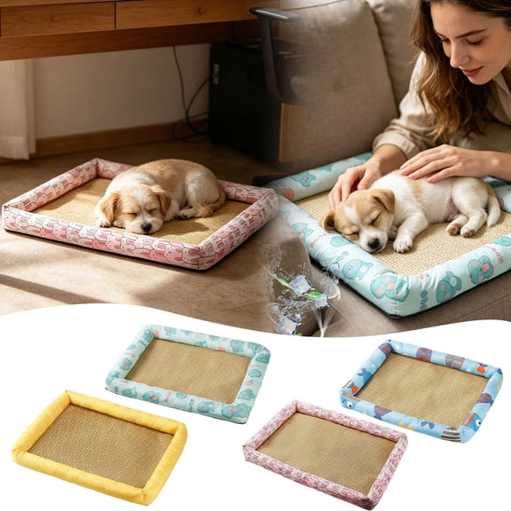 2026 New Summer Cooling Pet Bed for Small Dogs & Cats, Breathable Rattan Bolster Bed with Cartoon Print, Non-Slip Scratch-Resistant Cool Sleeping Mat for Indoor Outdoor
