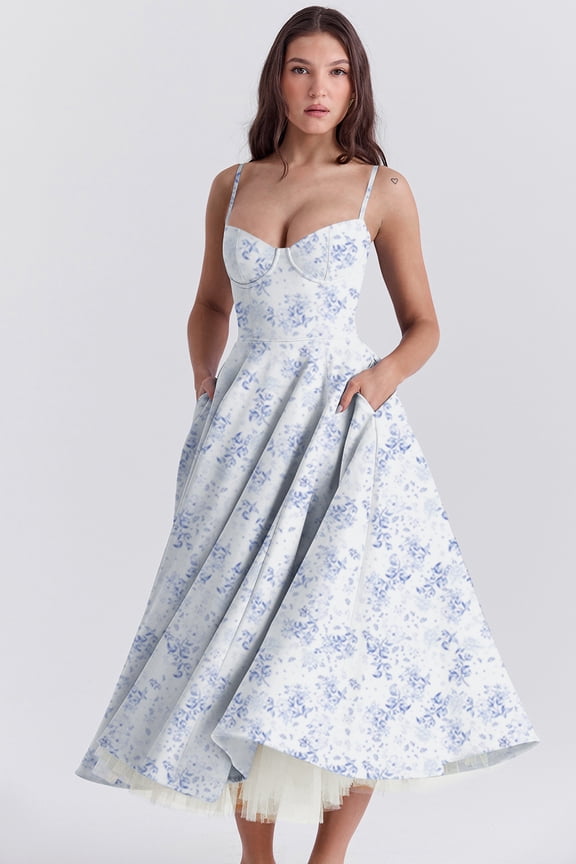 2026 New Summer High-End Women's Vintage Rose Floral Spaghetti Strap Midi Dress Sweetheart Corset Waist A-Line Swing Party Dress
