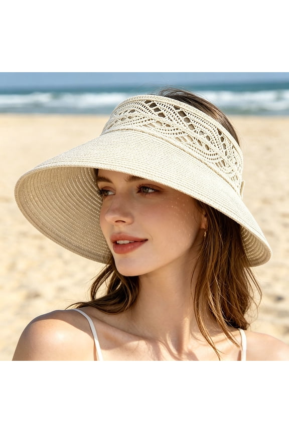 2026 New Sun Hats for Women Wide Brim Roll-Up Beach Ponytail Hat Packable Foldable Travel Straw Visor (Beige)