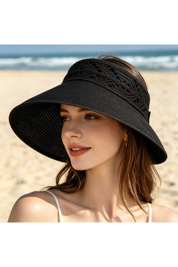 2026 New Sun Hats for Women Wide Brim Roll-Up Beach Ponytail Hat Packable Foldable Travel Straw Visor (Black)