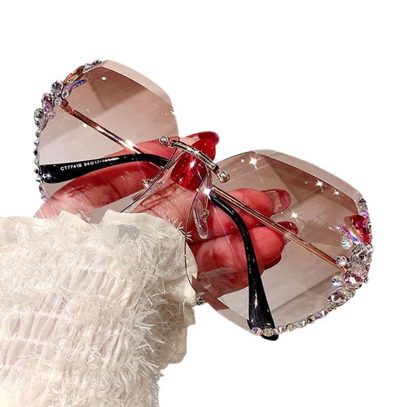 2026 New Sunglasses Rhinestone Rimless Resin Lens Face Slimming Shades Fashion Bling UV Protection Sunglasses Sunglasses Womens Trendy Fashion G One Size