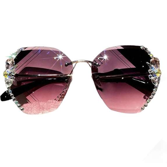 2026 New Sunglasses Rhinestone Rimless Resin Lens Face Slimming Shades Fashion Bling UV Protection Sunglasses Sunglasses Womens Trendy Fashion Purple One Size