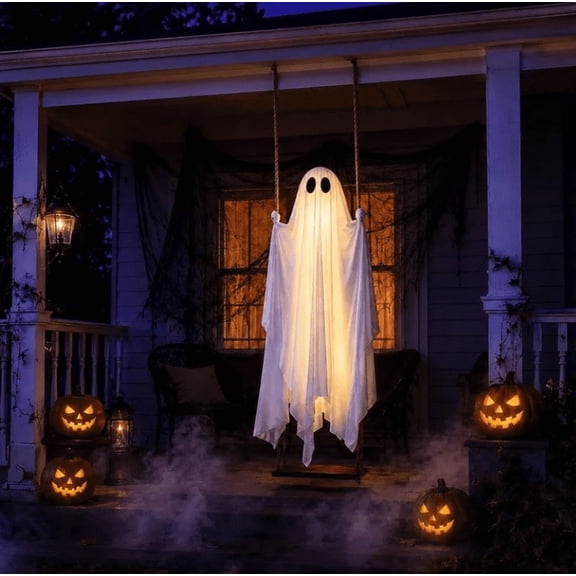 2026 New Swinging Ghost Outdoor Decor Hanging Swing Ghost with String Lights Ghost on a Swing Halloween Decorations Indoor Outdoor Large Scary Hanging Glowing Ghost for Porch Yard Tree