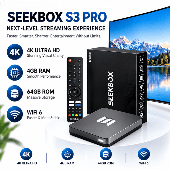 2026 New TV Box SeekBox 3Pro External TV Tuner, 4GB RAM 64GB Storage, WiFi, BT, 4K Ultra HD,Voice Remote