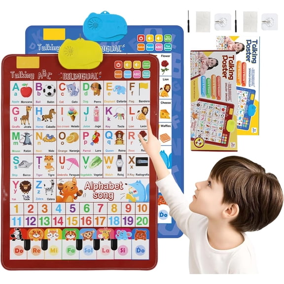 2026 New Talking Wall Chart for Kids – English & Spanish Interactive Learning Poster with Songs, ABCs, Numbers, Animal Words & Piano, Tap-Learn-Play Toy for Toddlers 1-6 Years Old (Learning Through E