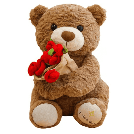 2026 New Teddy Bear with Bouquet, Plush Bear Toy with Red Roses Blooming, Romantic Flower Hat Bear Plush, Perfect Gift(1pcs)