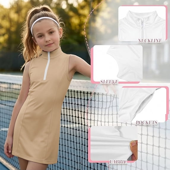 2026 New Tennis Dress for Girls, Tennis Golf Dresses with Built in Shorts and Pockets for Sleeveless Workout Athletic Dresses(Khaki,6-7 Years)