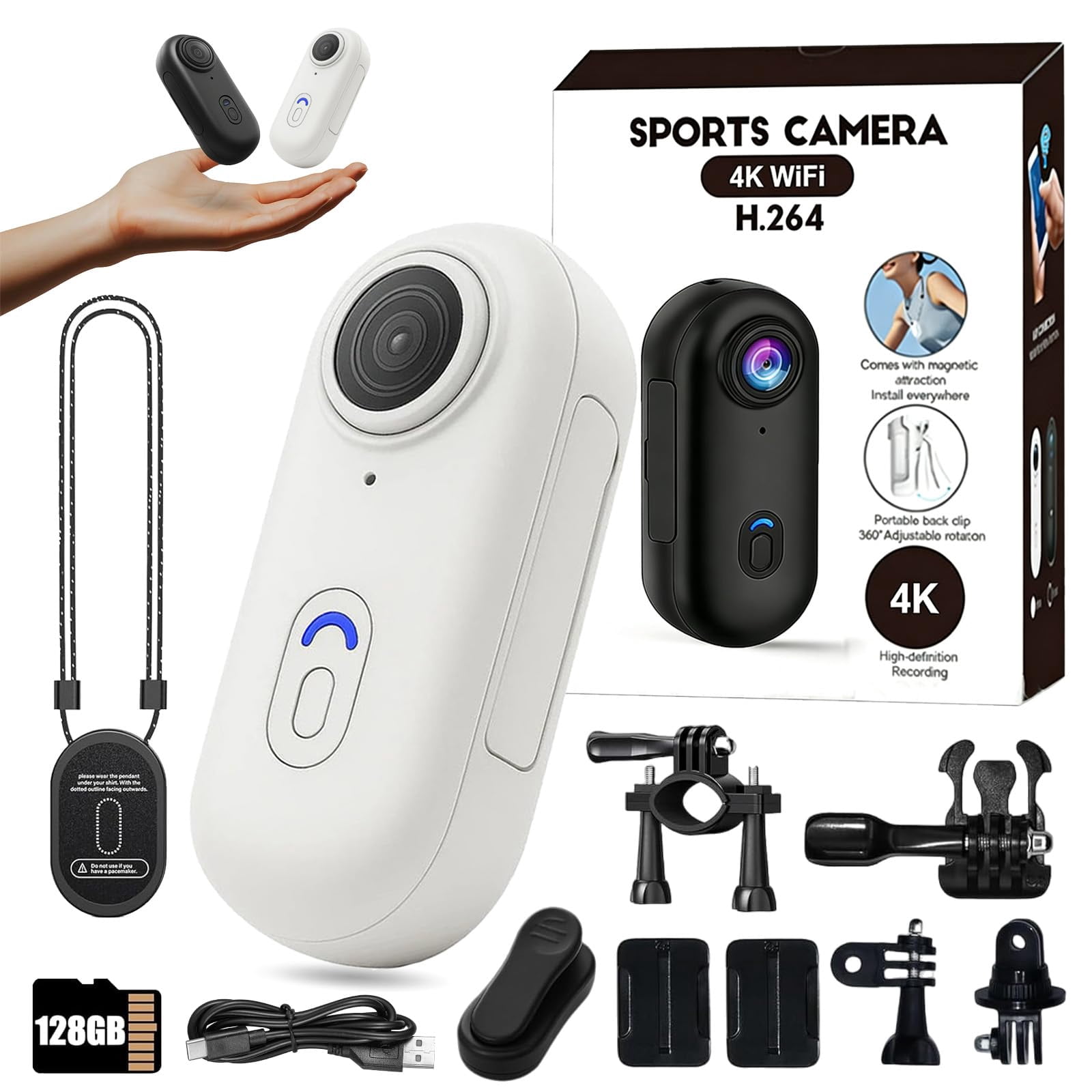 2026 New Thumb Action Camera, 4K UHD POV Pro Camera with 128GB Memory Card, Body Cameras with Audio and Video Recording, for Cycling, Motorcycle Riding, Skiing, Hiking, Traveling (White, 128GB)