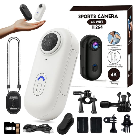 2026 New Thumb Action Camera, 4K UHD POV Pro Camera with 64GB Memory Card, Body Cameras with Audio and Video Recording, for Cycling, Motorcycle Riding, Skiing, Hiking, Traveling (White, 64GB)