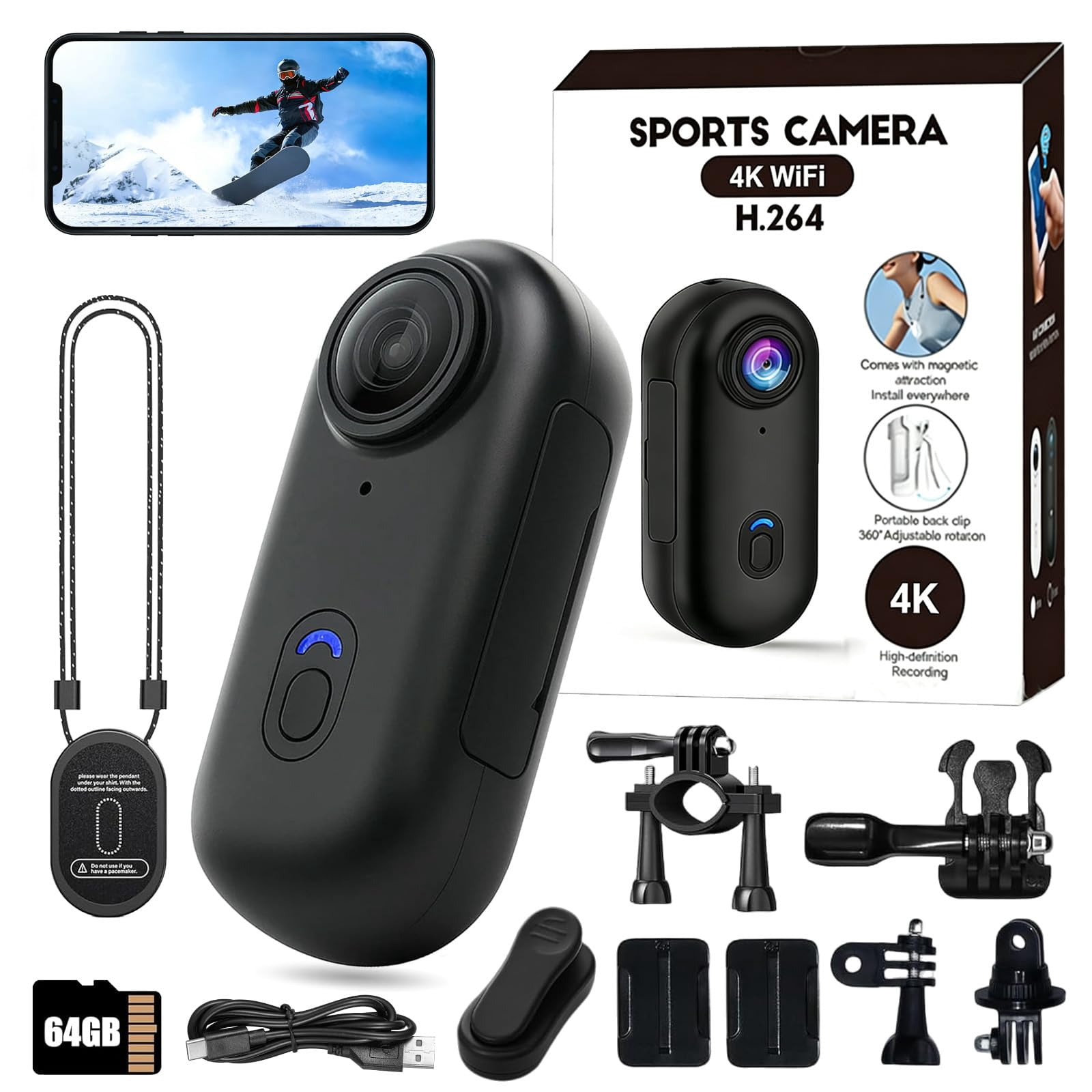 2026 New Thumb Action Camera, 4K UHD POV Pro Camera with 64GB Memory Card, Body Cameras with Audio and Video Recording, for Cycling, Motorcycle Riding, Skiing, Hiking, Traveling (Black, 64GB)
