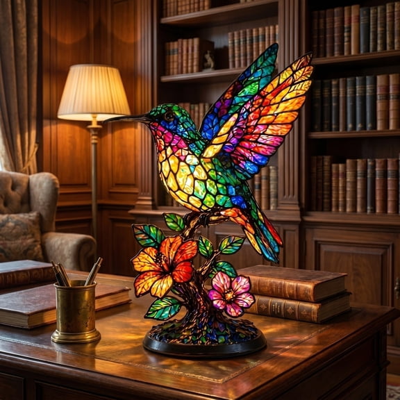 2026 New Tiffany Style Hummingbird Night Light, Stained Glass Look Resin Table Lamp, Decorative Animal Accent Light for Bedroom Living Room Home Decor