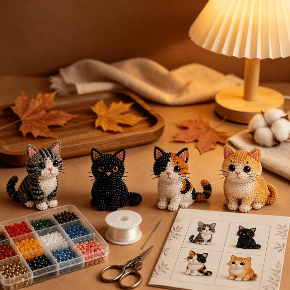 2026 New Tiny 3D Beaded Animal DIY Kit, 3D Beaded Animal Kit with 4 Cute Designs, Handmade 3D Bead Animals Embroidery Kit forAdults Beginners & Craft Enthusiasts (Cat)