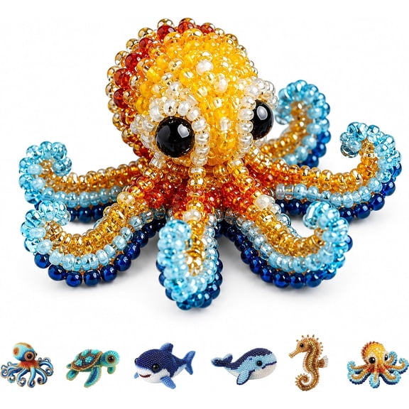 2026 New Tiny 3D Beaded Animal Kit, DIY Bead Embroidery Craft Set with Glass Beads & Instructions, Handmade Sea Animal Bead Art Kit for Stress Relief & Home Decor (B-Octopus)