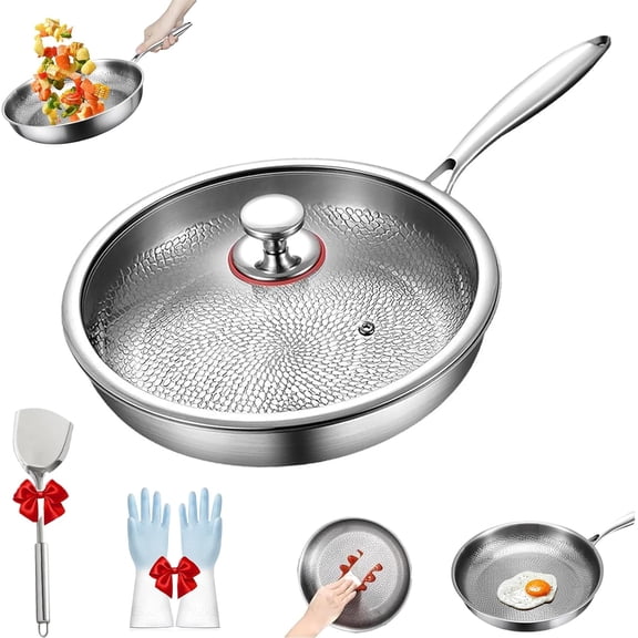 2026 New Titanium Frying Pan, Titanium Hammered Pan Pro with Lid, Uncoated Non-stick Pan, Pure Titaniums Frying Pan Multifunctional Non Stick for All Stoves (XL: 11.81in / 30cm, With Lid)