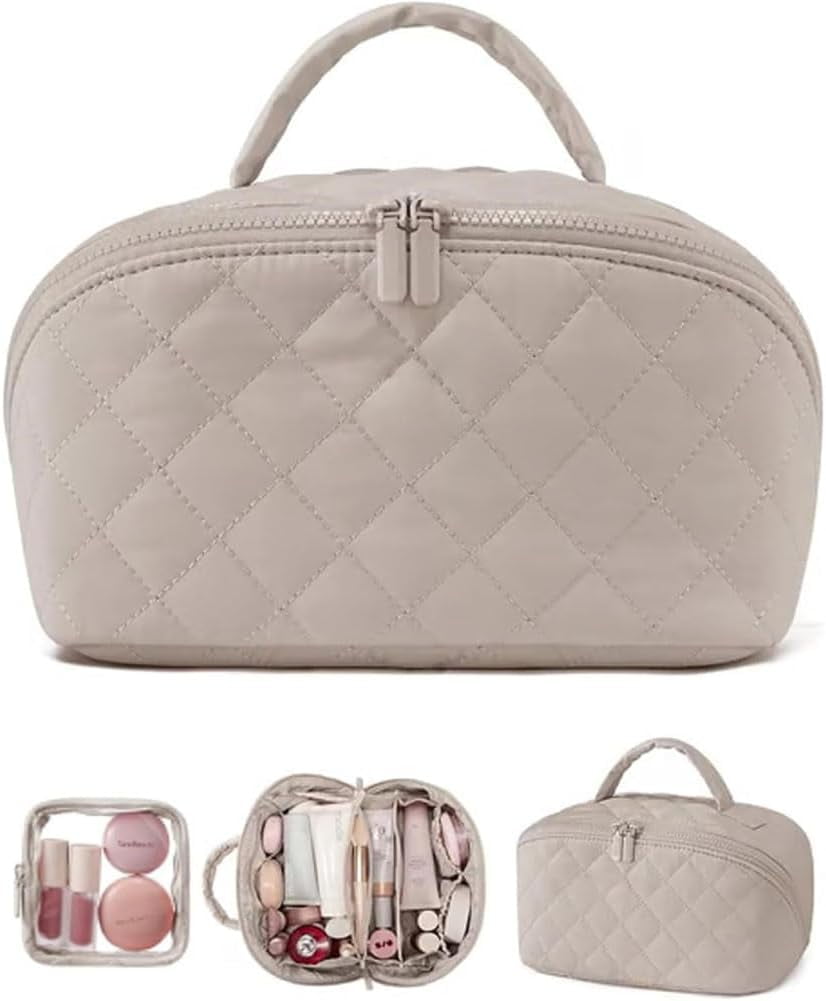 2026 New Travel Makeup Bag,180° Lay Flat Travel Toiletry Bag Set, Large Capacity,Waterproof & Machine-Washable Puffy Toiletry Bag for Full-Size Skincare