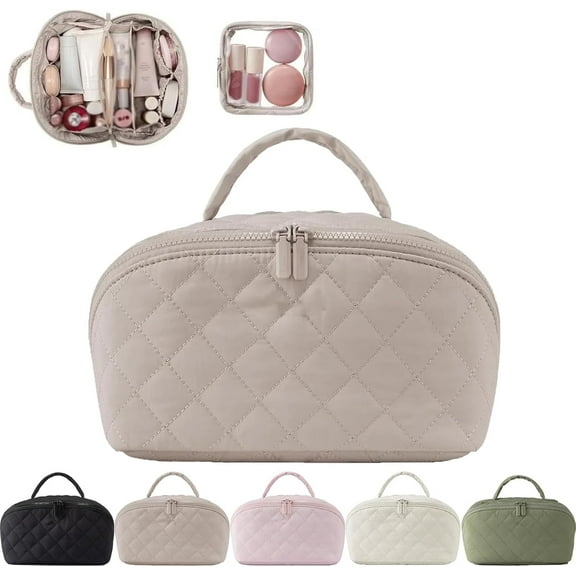 2026 New Travel Makeup Bag,Festivalment Wide Open Lay-Flat Water-Resistant Cosmetic Case,Puffy Padded Organizer for Toiletries & Brushes Large Capacity with Compartments