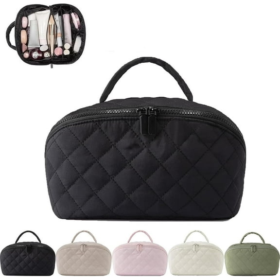 2026 New Travel Makeup Bag,Festivalment Wide Open Lay-Flat Water-Resistant Cosmetic Case,Puffy Padded Organizer for Toiletries & Brushes Large Capacity with Compartments