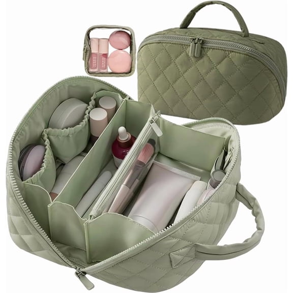 2026 New Travel Makeup Bag for Woman,180° Lay-Flat Design, Large Capacity Makeup Organizer Pouch Open Flat Toiletry Bag with Compartments,Ideal for Travel & Daily Use