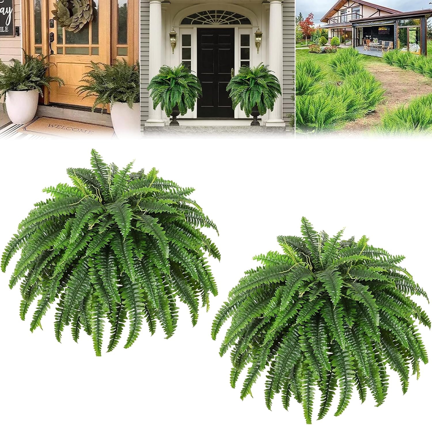 2026 New UV Resistant Lifelike Artificial Boston Fern, Faux Boston Ferns for Outdoor Planter Large, 38/60/88 Leaves Silk Ferns Hanging Baskets for Porch Window Home Decor (60Leaves,2)