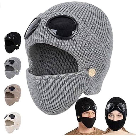 2026 New Unisex Winter Ski Beanie Hat with Goggles and Detachable Mask, 3-in-1 Unisex Warm Lined Aviator Knit Cap(Gray)