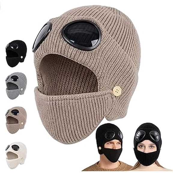 2026 New Unisex Winter Ski Beanie Hat with Goggles and Detachable Mask, 3-in-1 Unisex Warm Lined Aviator Knit Cap(Khaki)