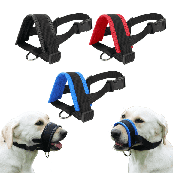 2026 New Upgrade Gentle Muzzle Guard for Dogs - Prevents Biting and Unwanted Chewing Safely Secure Comfort Fit - Soft Neoprene Padding No More Chafing Included Traini(Blue+Black+Red)